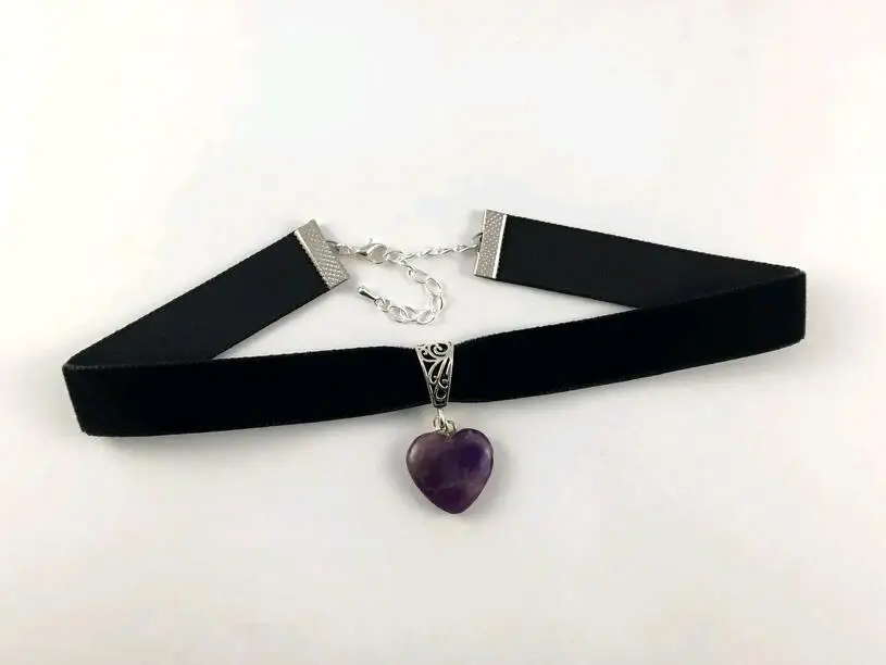 

Черный Бархатный чокер с аметистовым сердцем, ювелирные изделия из натурального драгоценного камня, ошейник с аметистовым сердцем, готичес...