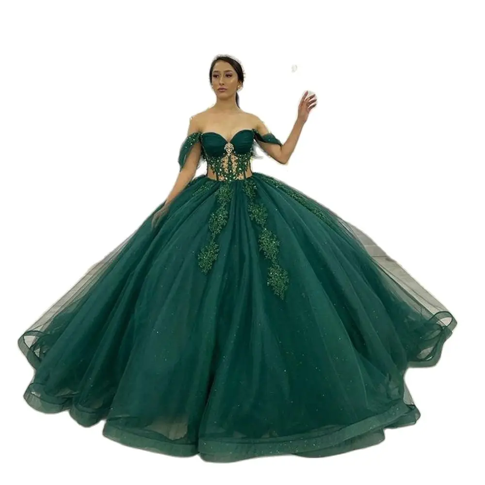 

Luxury Green Glittering Quinceanera Dresses Off Shoulder Applique Princess Birthday Party Prom Ball Gown Vestidos De 15 Anos