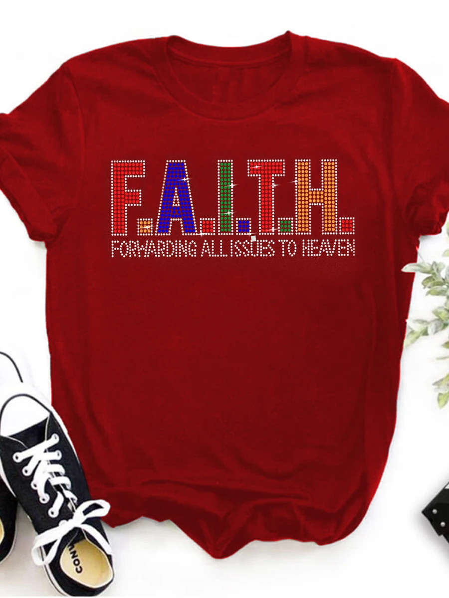 LW Plus Size Rhinestone Faith Letter T-shirt Graphic T Shirt Women Y2k Oversize O-neck Tshirt Streetwear Short Sleeve T-shirt