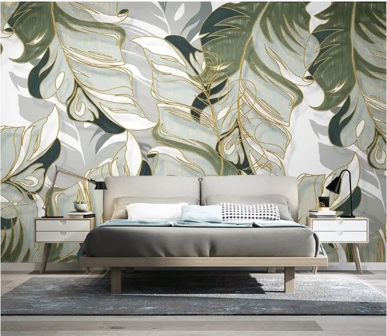 

Hand painted tropical plants leaves gold lines Removable wall fabric wallpaper Peel and Stick wall Self- Adhesive Wallpaper Mons