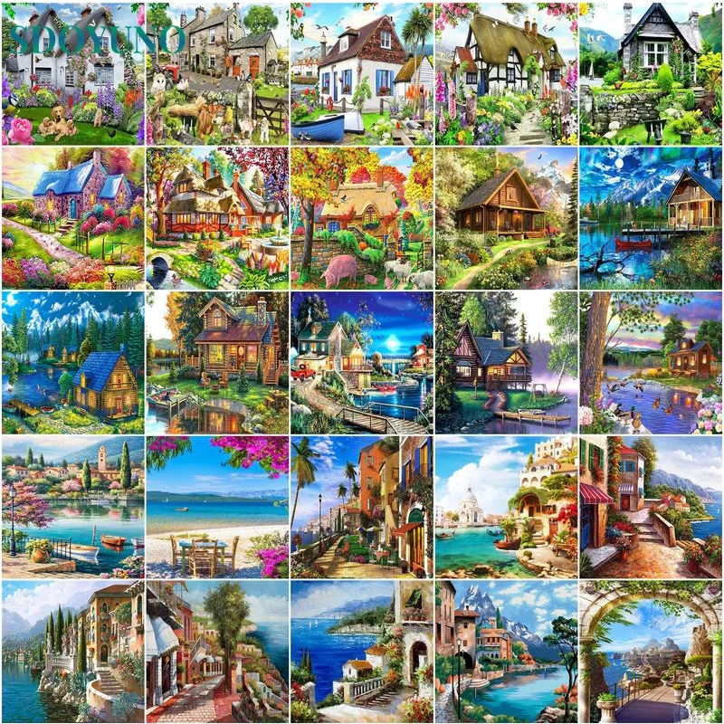 

SDOYUNO Painting By Numbers Frameless Country Cottage Paint By Numbers Dog On Canvas DIY Number Painting Scenery Home Decor