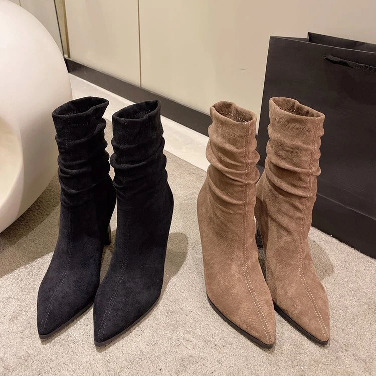 

Ботинки женские металлические на высоком каблуке, облегающие плиссированные эластичные сапоги, кофейного цвета, с теплоизоляцией, высокие сапоги