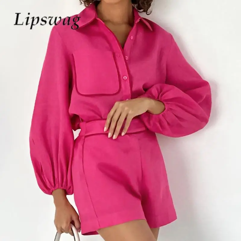 

Fashion Pocket Casual Women Shorts Set Spring Summer Long Sleeve Shirt and Shorts Set Elegant Office Ladies Shirt Two Piece Set
