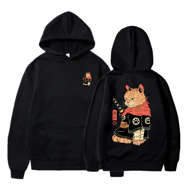 

Зимние мужские и женские повседневные свободные теплые толстовки с принтом картонсамурая кошка однотонные толстовки