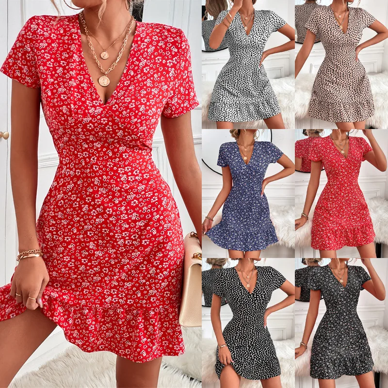 

Floral Dress Summer Ladies A-Line Dress Sweet Elegant Floral Ruffle V-Neck Print Ladies Floral Mini Dress