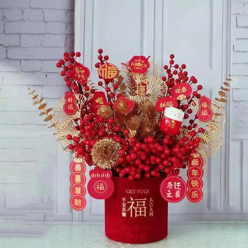 

Red Lucky Fruit Simulation Flower Cloth Paper Futong Vase Set New Year Wedding Opening Gifts Home Porch Cabinet Decoration Craft