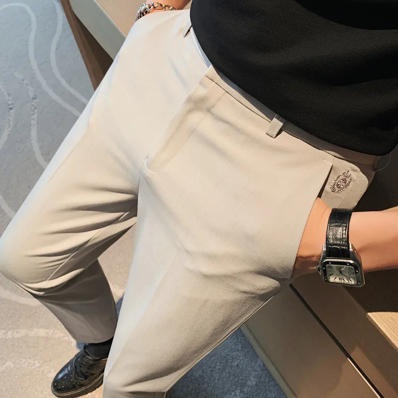 

Summer Crown Embroidery Business Dress Pants Men Ankle Length Slim Casual Office Social Suit Pants Wedding Party Trousers 2023