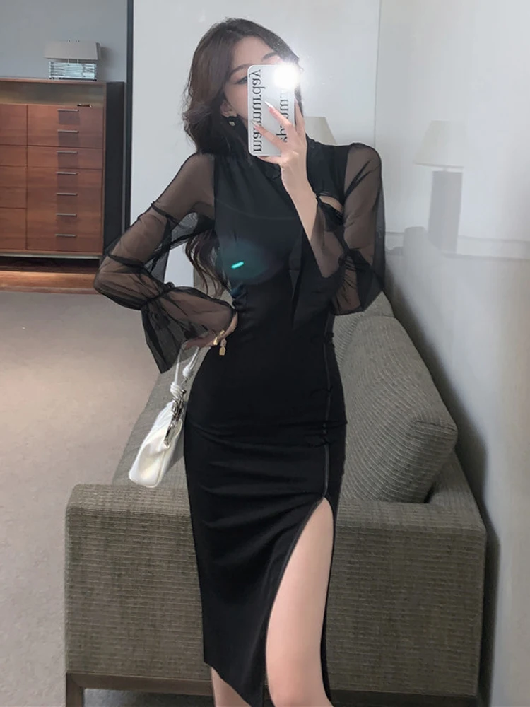 Black Chinese Elegant Dress for Women Vintage Mandarin Collar Female Sexy High Split Long Sleeve Slim