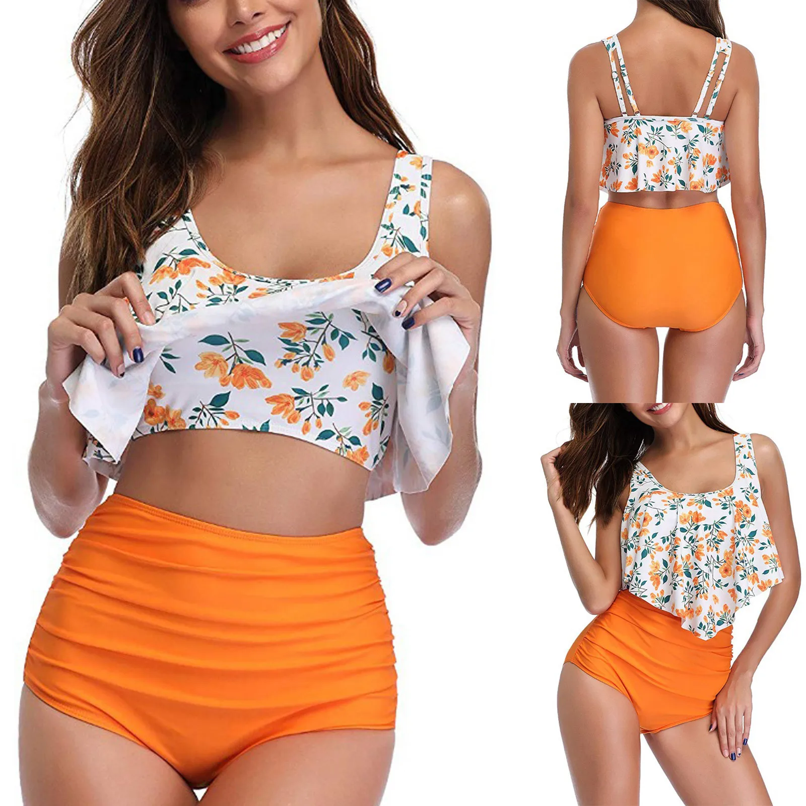 

Женский летний Модный повседневный костюм с принтом и высокой талией, Раздельный костюм из двух частей, купальник-Бикини на бретельках с вы...