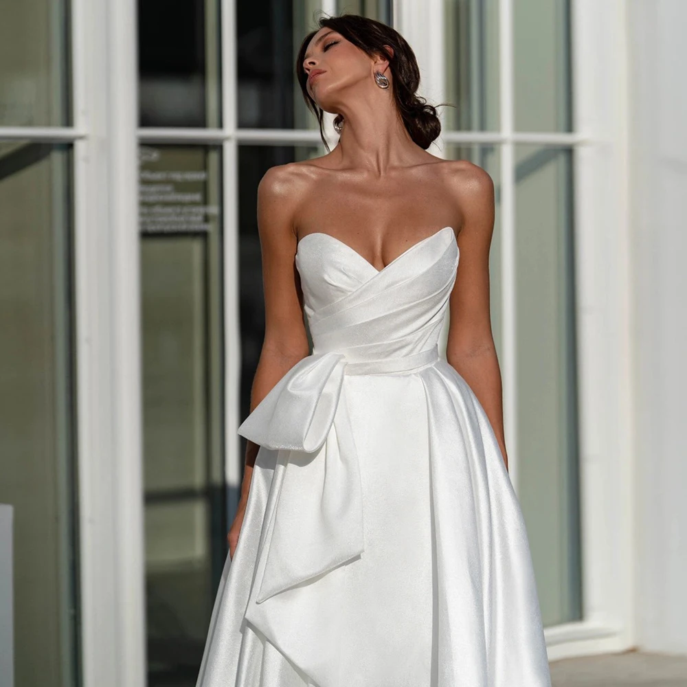 

Satin Wedding Party Gowns 2022 Ivory Sweetheart A-Line Long Wedding Dresses For Women Zipper Strapless Elegant vestido de novia
