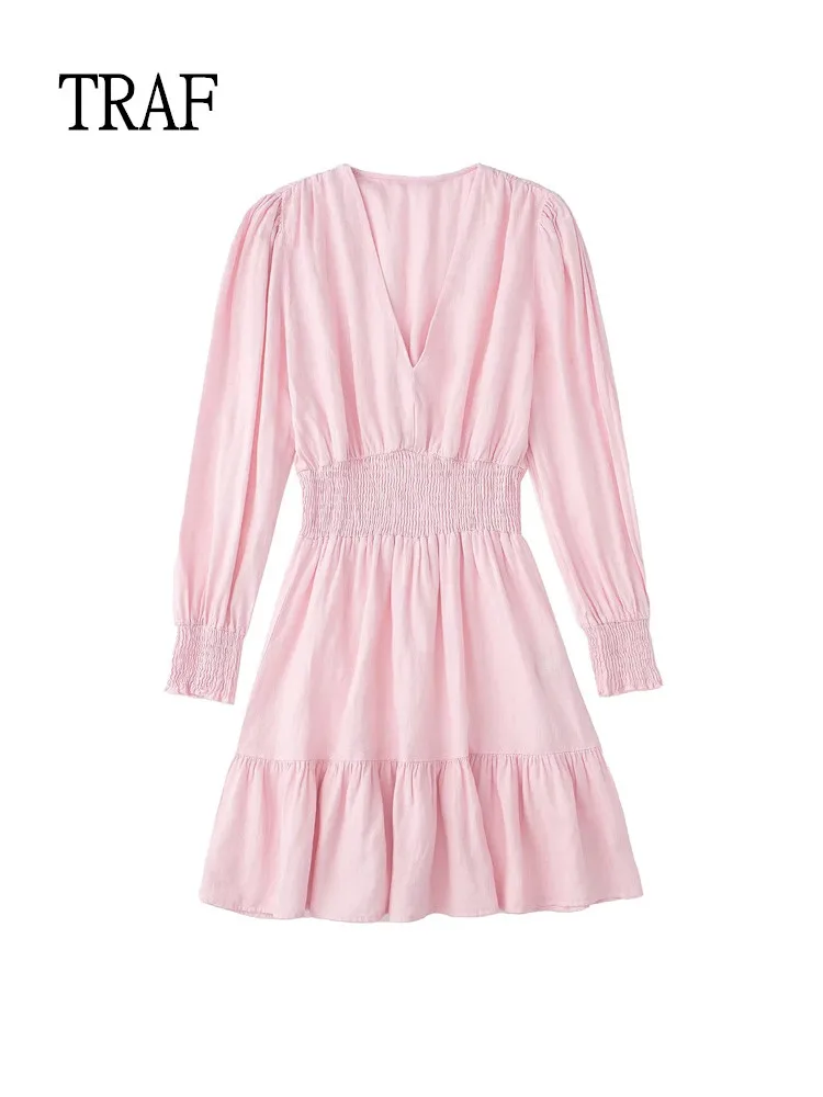 

TRAF Women Short Dress Vintage Pink Mini Dress Summer Woman V Neck Long Sleeves Elastic Waist Casual Dresses Female Vestidos