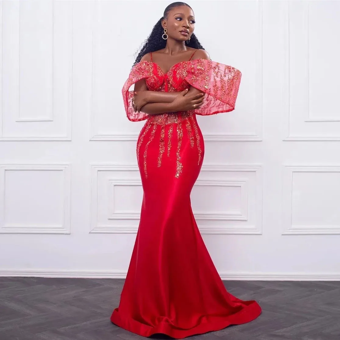 

Sparkly Red Mermaid Prom Dress Aso Ebi Style African Women Evening Gown Formal Dress with 3D Cap Sleeves Plus Size Party Gowns