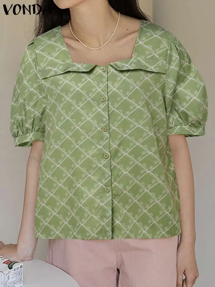 

VONDA Women Fashion Shirts 2023 Summer Short Sleeve Printed Blouse Casual Square Collar Buttons Vintage Top Pleated Blusas Femme