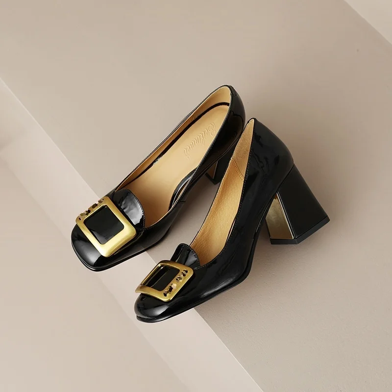 fashion metal buckle genuine leather pumps women shoes square toe shoes woman leather pumps high heels party basic lady shoes