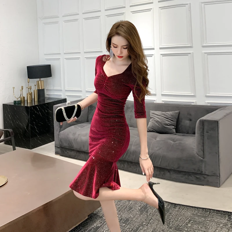 

Hip Wrap Autumn Dresses for Women Dress Autumn 2021 Bright Drill V-neck Fishtail Women's Clothing Winter Woman Fashion Party Red