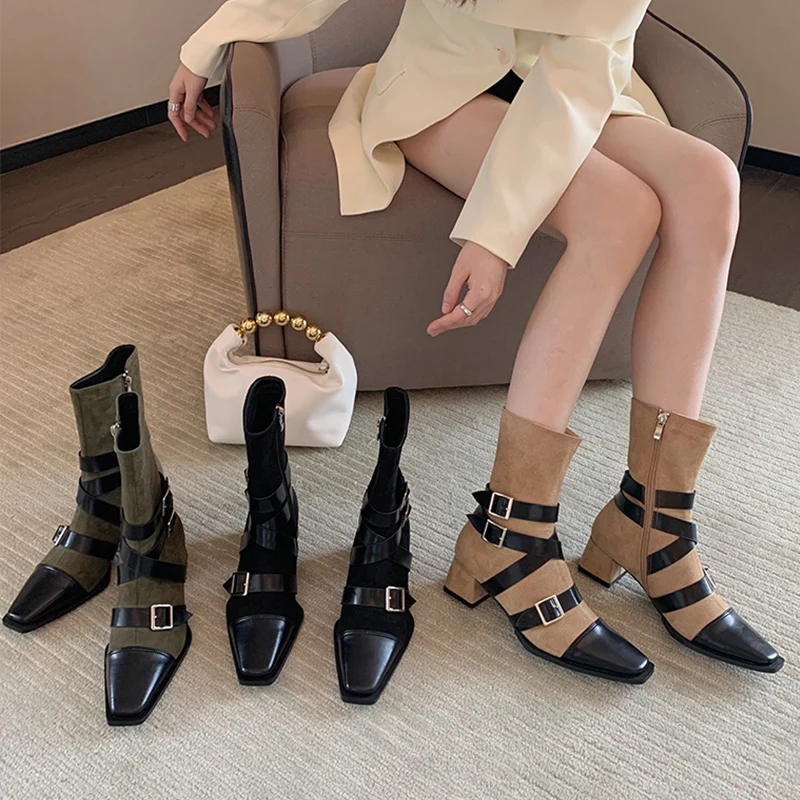 

Autumn Female Shoes Ankle Short Sock Boots For Women Pumps Ladies Belt Buckle Modern Booties Fashion Square Toe Female Shoes