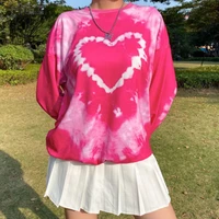 jhbeute y2k pullover sweater 2022 pink tie dye heart print womens casual loose sweater kawaii fashion long sleeve pullover top