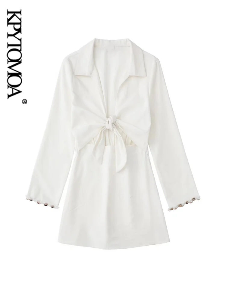 

Женское мини-платья kpatomoa, с узелками, вырезами, льняная ткань, с длинным рукавом