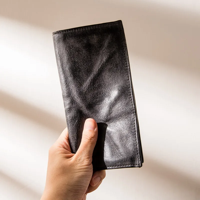 Fashion high quality natural genuine leather men black long wallet simple casual real leather credit card multi-card coin purse