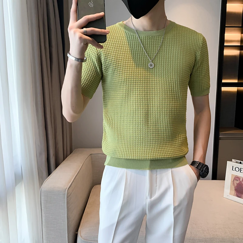 

2022 Men's Summer Round Collar Leisure Knitted T-Shirts/Male Slim Fit Fashion Top Quality Casual Knit T-shirts S-3XL