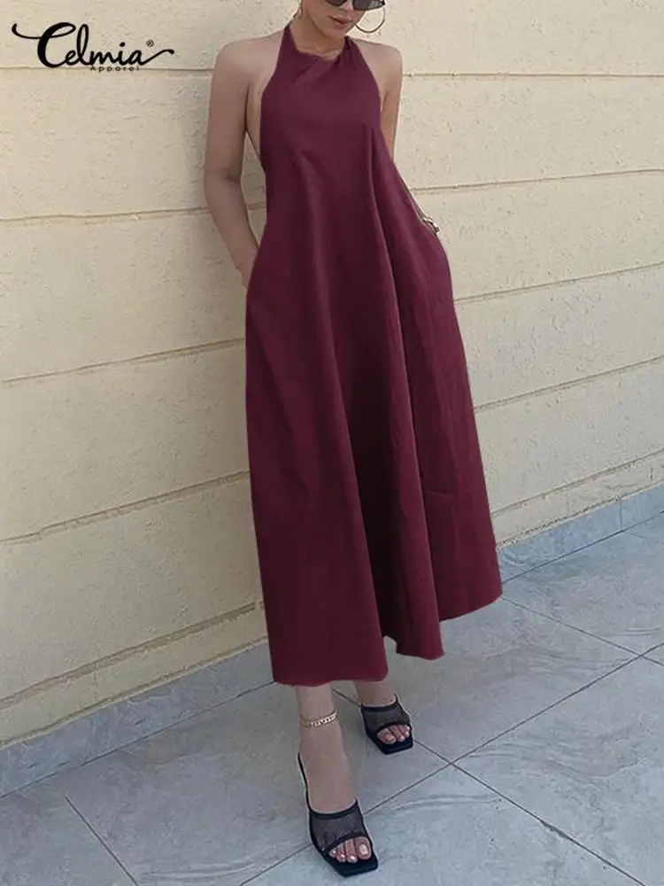

Celmia Sexy Backless Sleeveless Halter A-line Dresses Casual Resort Maxi Dress Women 2023 Summer Solid Color Low Back Vestidos