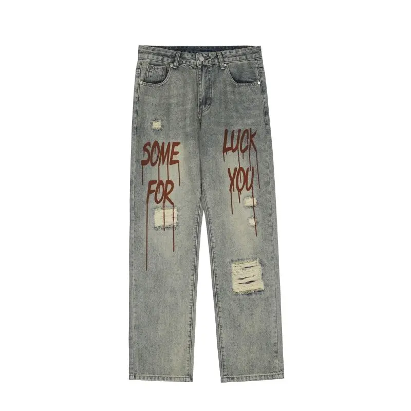 Men's Wide Leg Graffiti Baggy Y2K Ripped New Printed Long Jeans Male Straight Trousers Cowboy Denim Man Pants For Men Pantalones