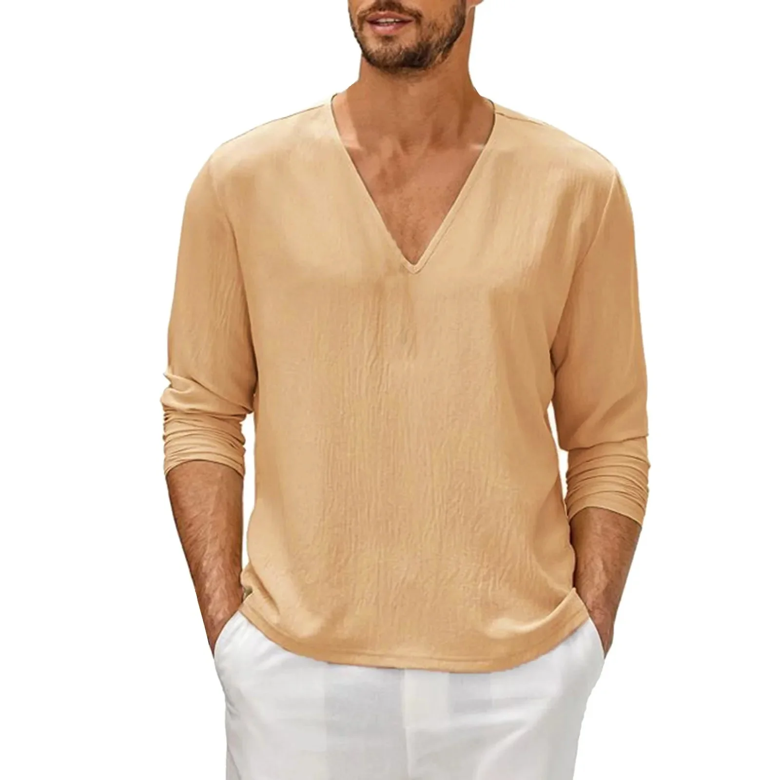 Футболка мужская льняная с длинным рукавом и V-образным вырезом