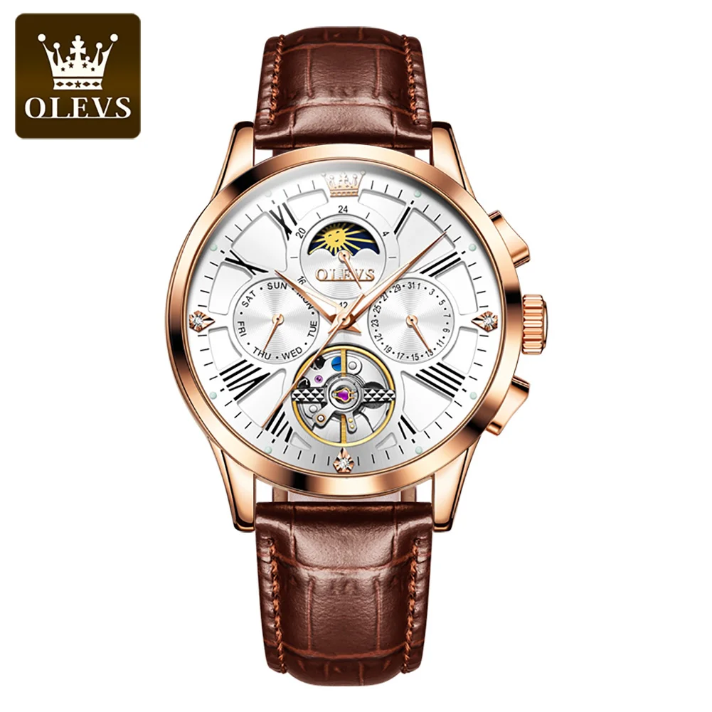 

Olevs Business Men's Automatic Watch Tourbillon Mechanical Watch Waterproof Leather Strap Men's Watch With Luminous Moon Phase