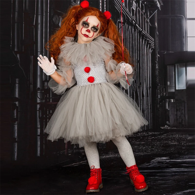 Joker Pennywise Tutu Dress For Girls Kids Cosplay Clown Costume bambini Halloween Fancy grey Princess Dresses Girl Party Outfit