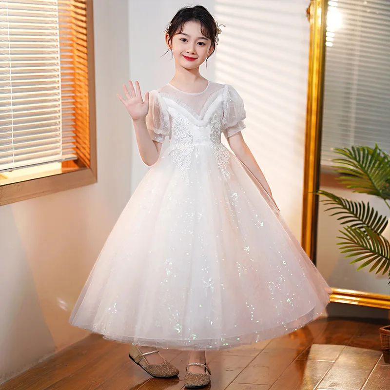 

Детское платье принцессы с рукавами-фонариками и вышивкой, кружевное пианино для девочек, элегантное вечернее платье для выступления на де...