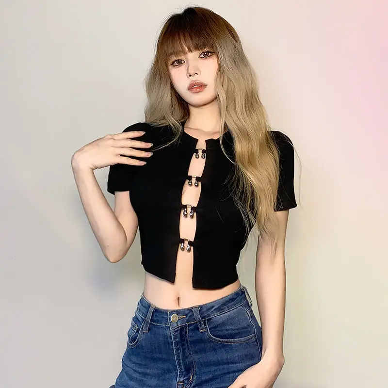 

Кроп-топ женский с коротким рукавом, пикантная футболка в Корейском стиле, с вырезами, милая пикантная вечерняя одежда, рубашка, на лето