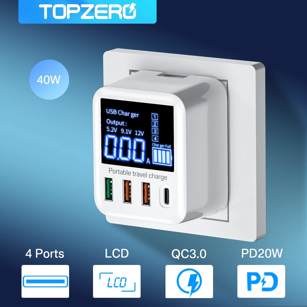 

40W Quick Charge 3.0 USB Charger Portable USB C Charger LCD Display For iPhone 13 Xiaomi Samsung Type C PD Mobile Phone Charger