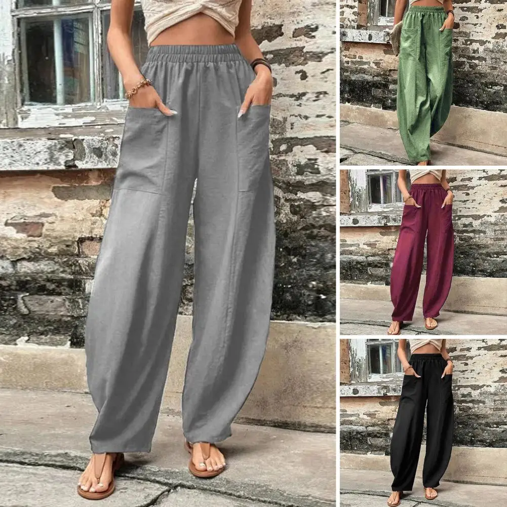 Dropshipping!Elastic Waistband Women Pants Pockets Solid Color Ankle Length Summer Casual Wide Leg Harem Trousers Streetwear