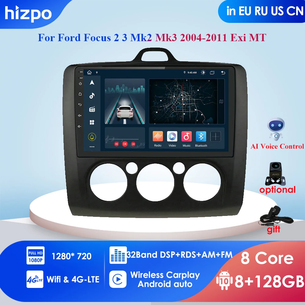 Android 10 Car Radio Player for Ford Focus Exi AT Mk2 2004-2011 Multimedia Stereo Video Player Navigation GPS 2 Din Silver Frame