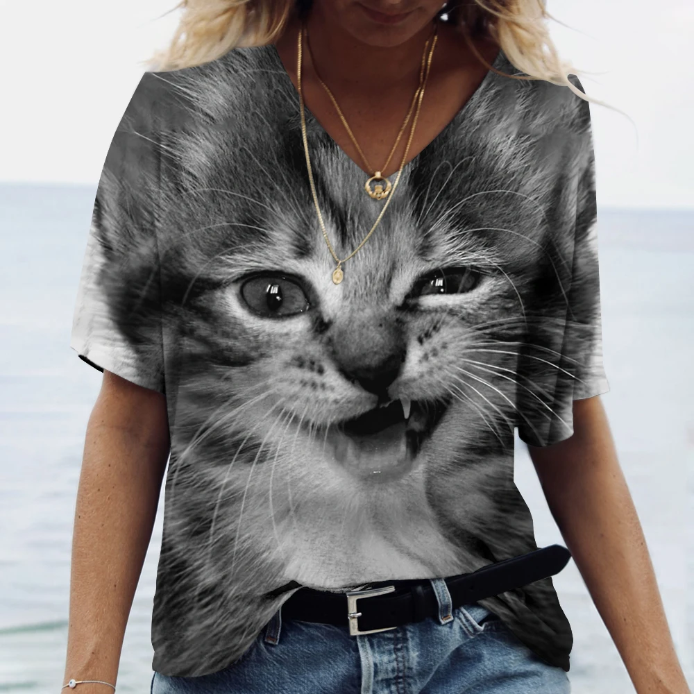 

2023 Women's Summer T-Shirt 3D Cat Print Short Sleeve Top Casual Fashion T Animal with V-Neck Women's Harajuku Oversized Shirt
