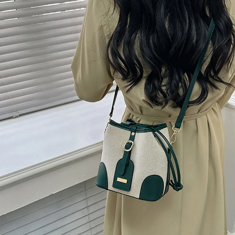 New Canvas Bag for Women Contrast Bucket Handbag Fashion Simple Shoulder Messenger Bags Casual Crossbody Commute Portable Satche
