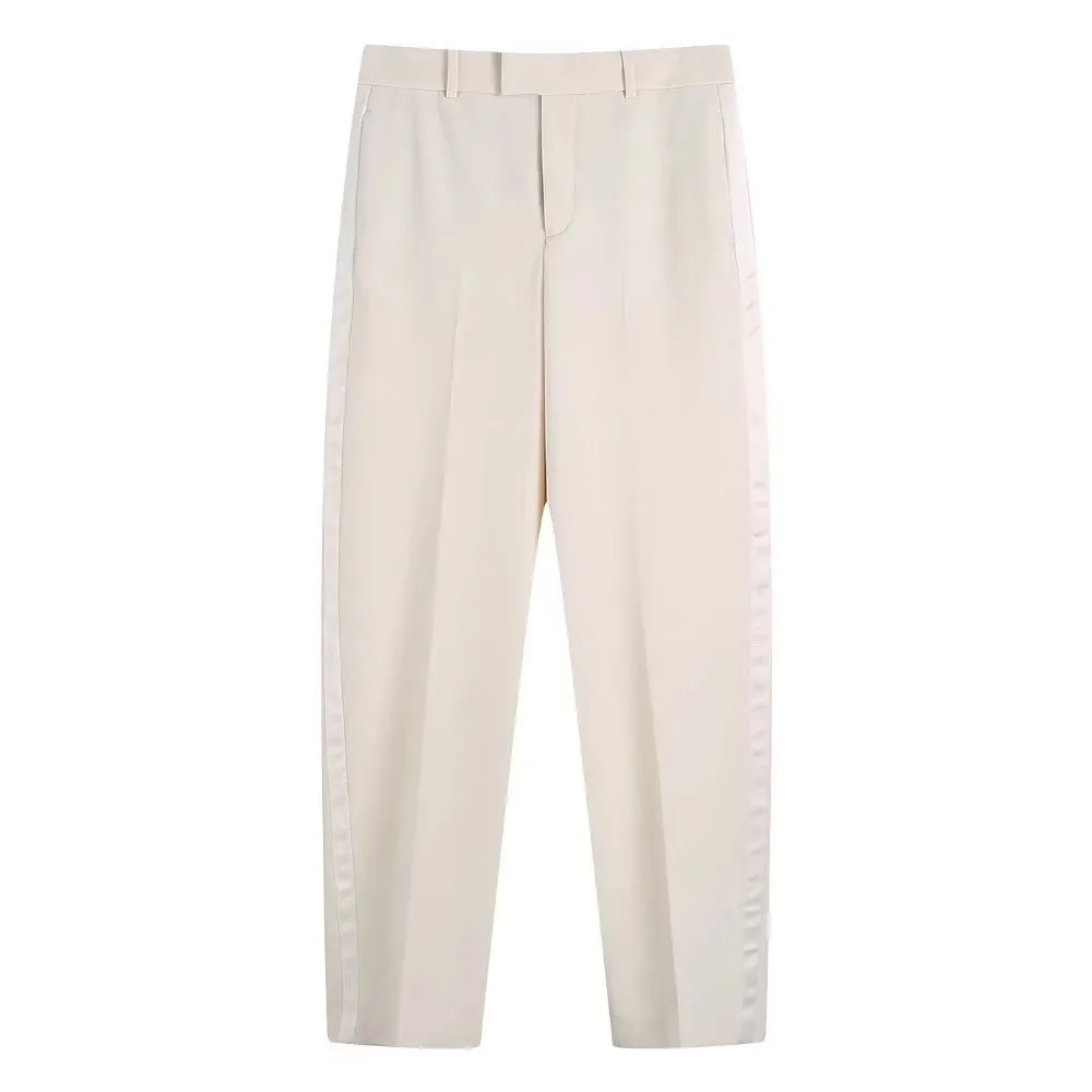 

Huaxiafan Women Fashion With Side Taping Side Pockets Pants Vintage Low Waist Zipper Fly Female Trousers Mujer