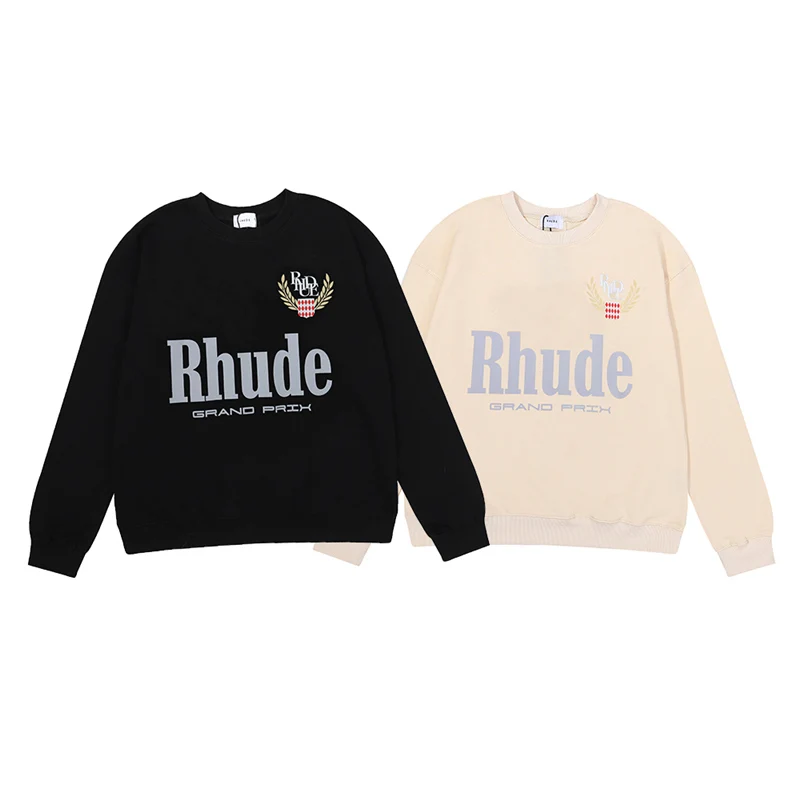 

2022 New RHUDE MONACO With Gold Help High Street Cotton Terry Crew Rice Ear Printing Neck Sweatshirt