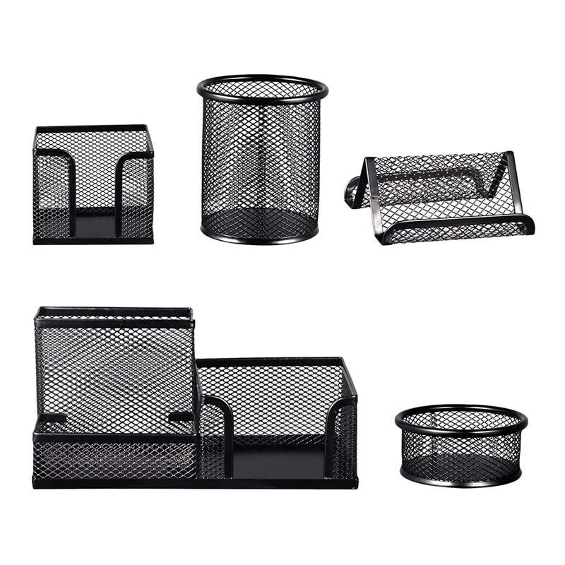 

5 Pcs Mesh Desk Pen Organizer Set - Round Pen Organizer For Desk, Pen Holder Set, Pen Desk Organizers And Storage