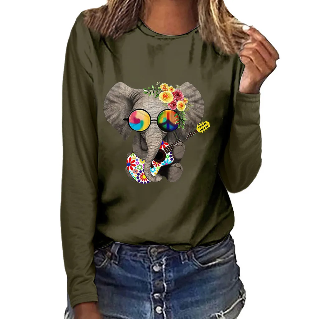 

Women Fashion Print Round Neck Long Sleeved T-shirt Blouse Tops