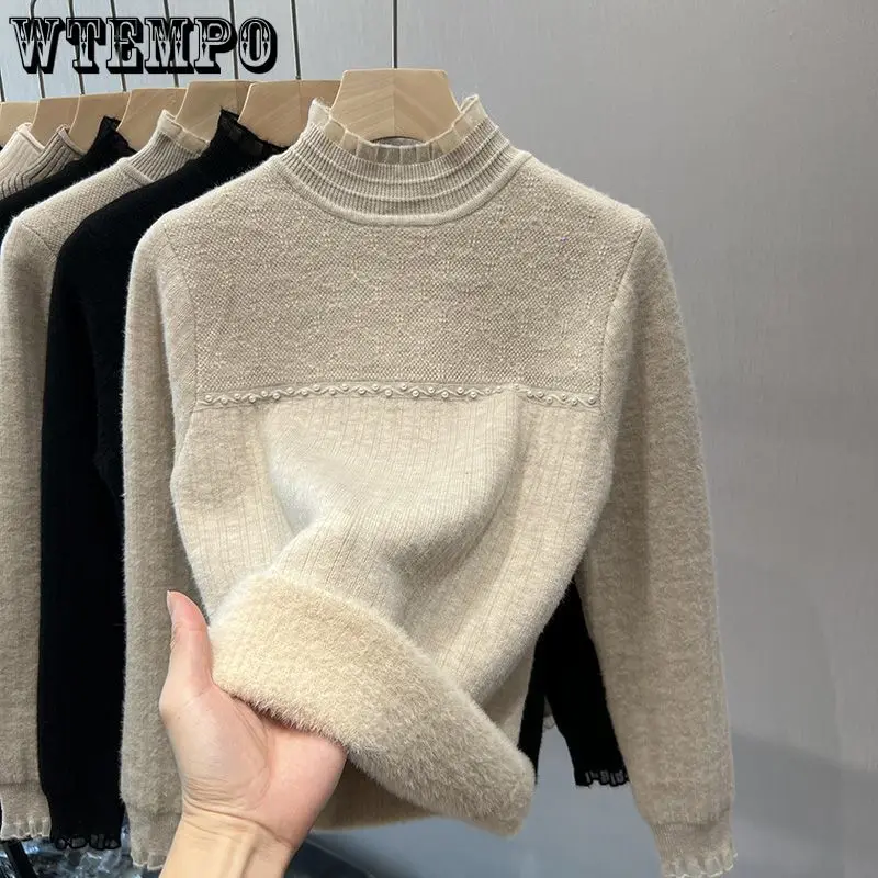 

WTEMPO Women's Long Sleeve Fleece Lined Sweater Pullover Jumper High Neck Winter Fall Plush Knitwear Slim Knit Bottoming Shirts