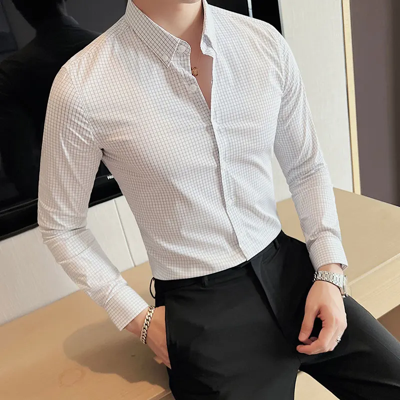 High Quality Long-sleeve Shirts Men's Fashion Plaid Casual Business Formal Dress Shirt Slim Fit Social Blouse Men Clothing 2022