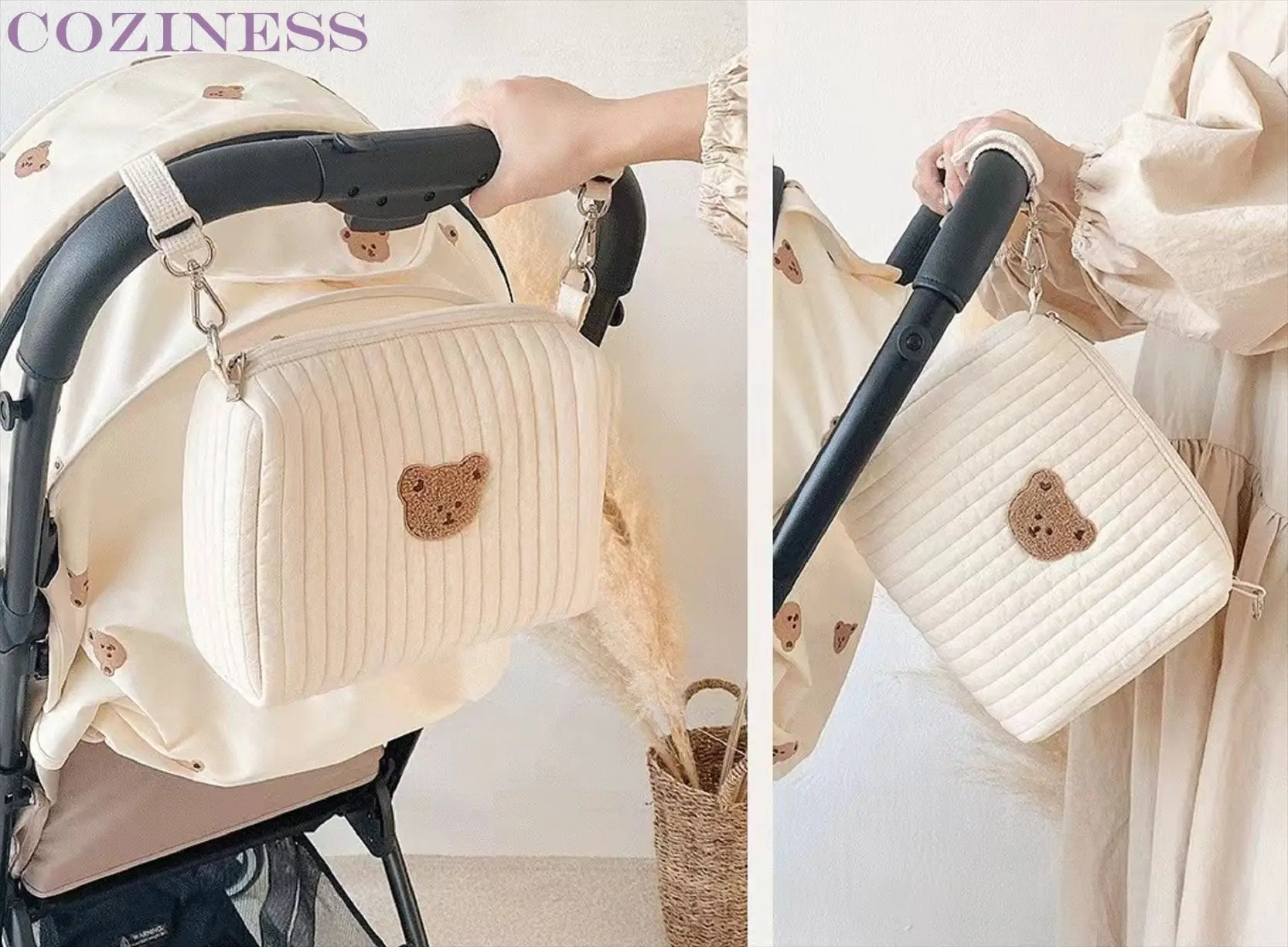 

Zipper Embroidery Quilted Mummy Bag Baby Stroller Bag Mini Size Diaper Bag Cute White Bunny Super Soft Cotton Hot Selling Bag
