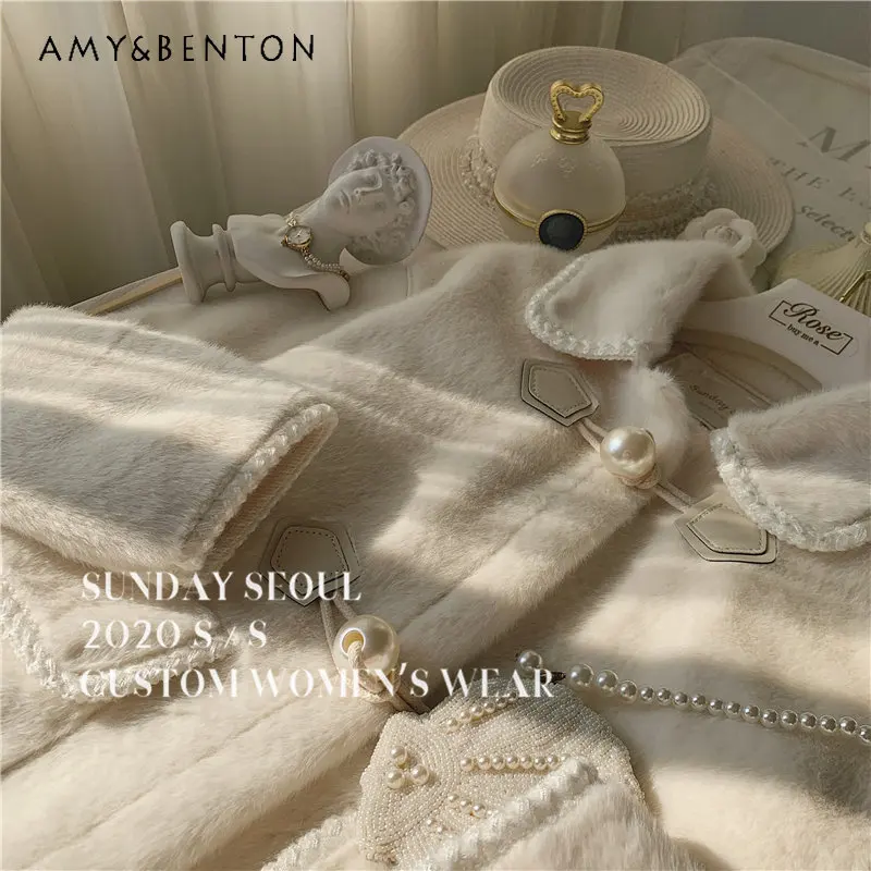 Elegant Pearl Buckle Mink Hair Fur Coat for Women New Fashion Polo Neck Single Breasted Jackets for Ladies Sweet Coats Female