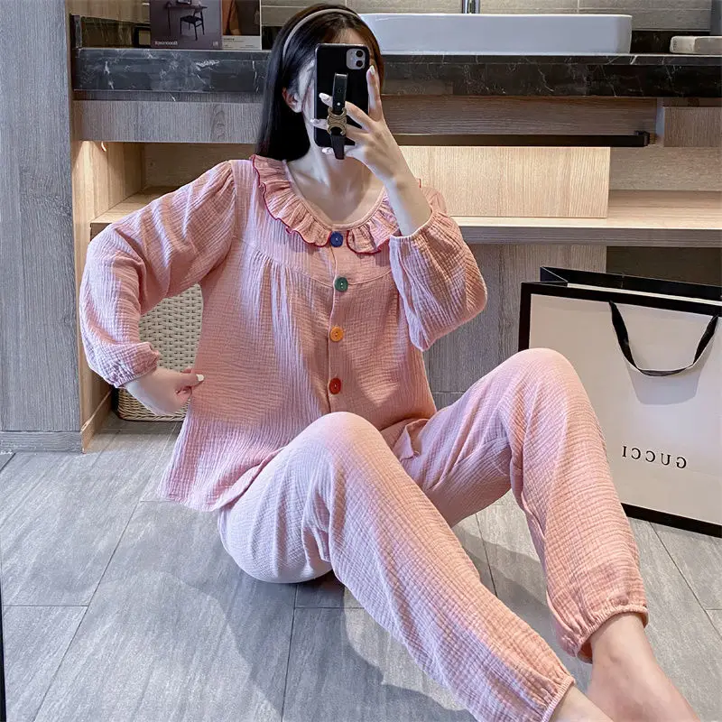 QWEEK Sleepwear Women's Cotton Pajamas for Sleep Kawaii Color Buttons Pijamas Autumn Winter Home Clothes Negligee Sets Female
