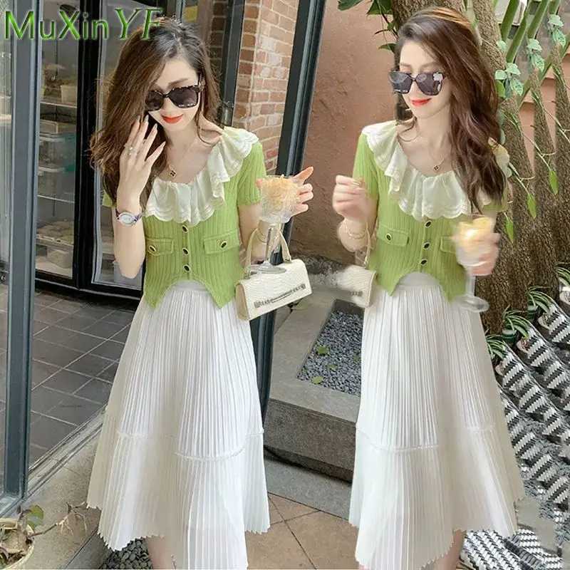 

Women's Summer Graceful Green Clothing 2022 Korean Two Pieces Dress Set Lady Elegant Ruffle Collar Short T Shirt White Skirt