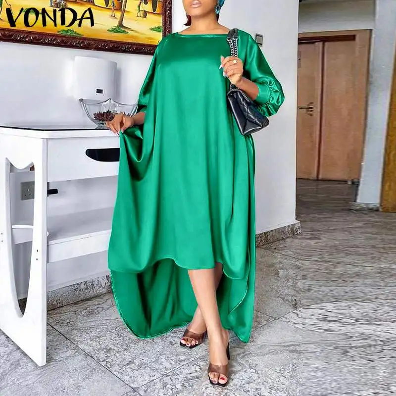 

Asymmetric Dress VONDA 2022 Women Sexy Round Neck Pleated Baggy Dresses Holiday Long Maxi Vestido Autumn Solid Robe Sundress