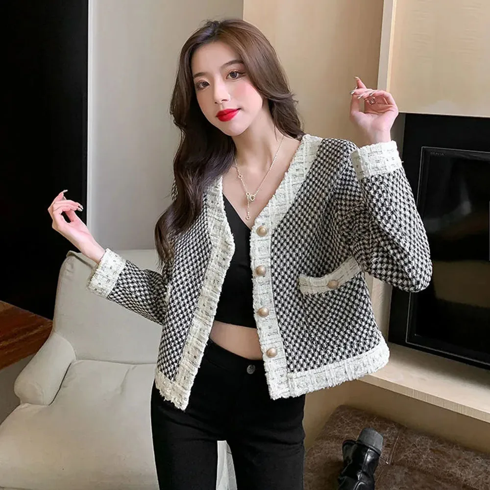 Женский твидовый жакет с V-образным вырезом длинным рукавом |