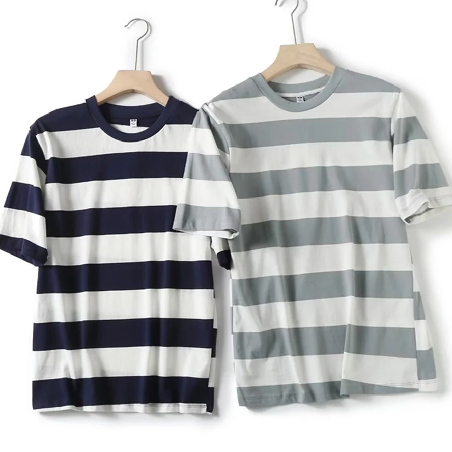 

Модная простая футболка Elmsk в японском стиле с широкими полосками для пар, летняя хлопковая Повседневная Базовая футболка с круглым вырезом для влюбленных