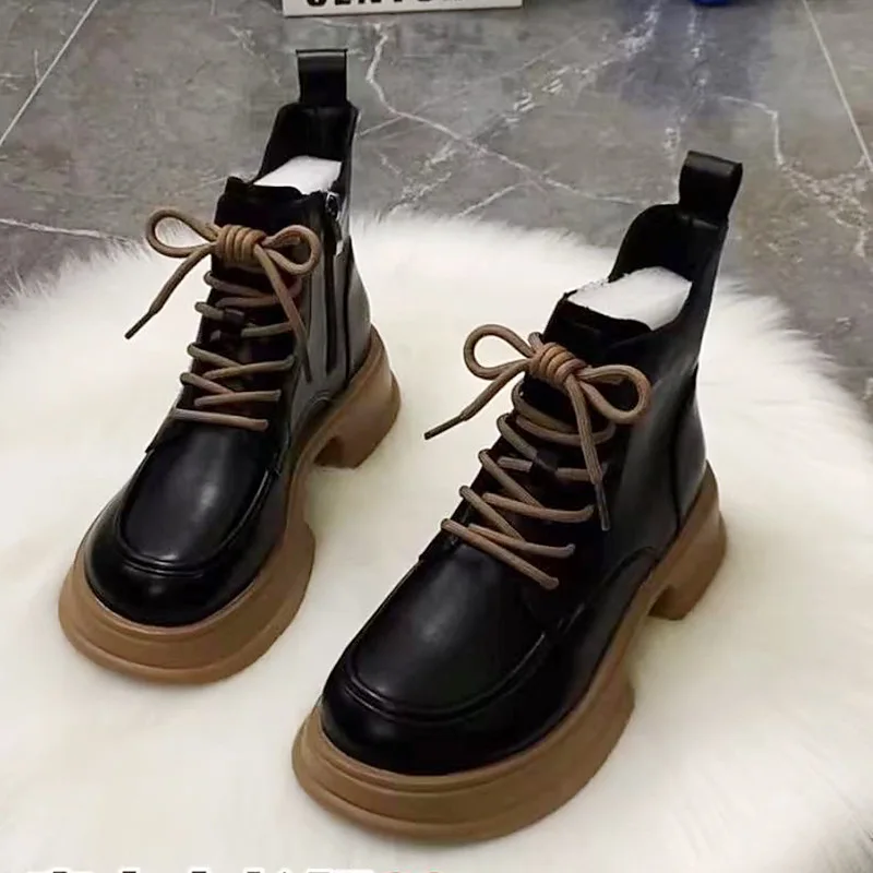 

Women Boots 2022 New Casual Pu Leather Platform Ankle Boots Round Toe Lace Up Shoes Breathable Wear-resistant Motorcycle Boots